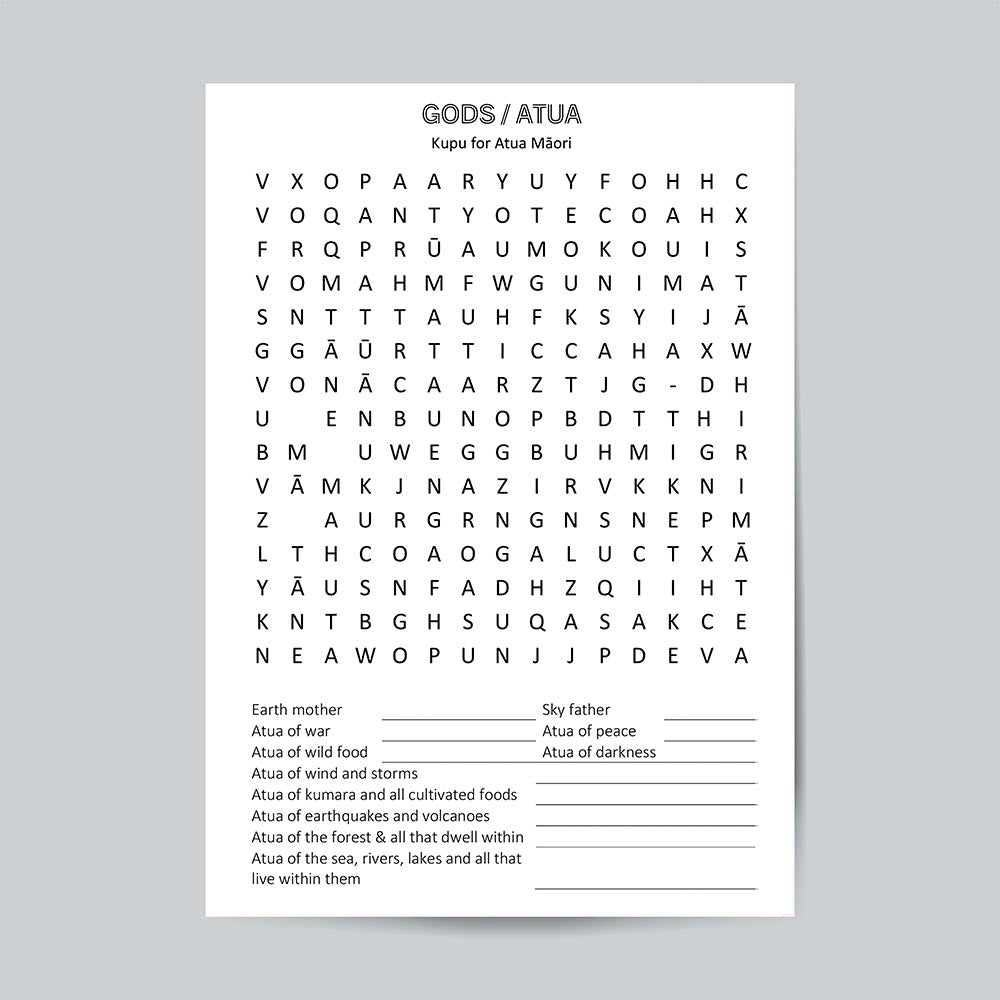 FREE Printable - Te Reo Māori wordsearch puzzle - Māori Gods